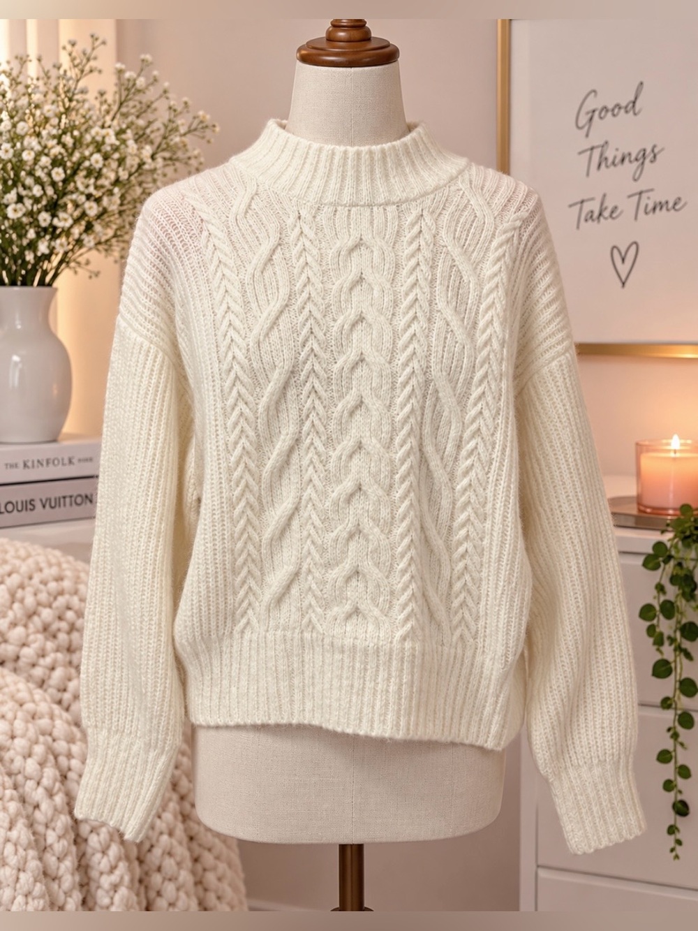 Express Cream Cable Knit Turtleneck Sweater
